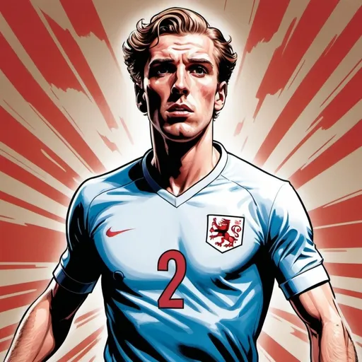 Prompt: Retro comic style artwork, highly detailed England soccer player, shown from the chest up with the full number 2 visible on his jersey., comic book cover, symmetrical, vibrant