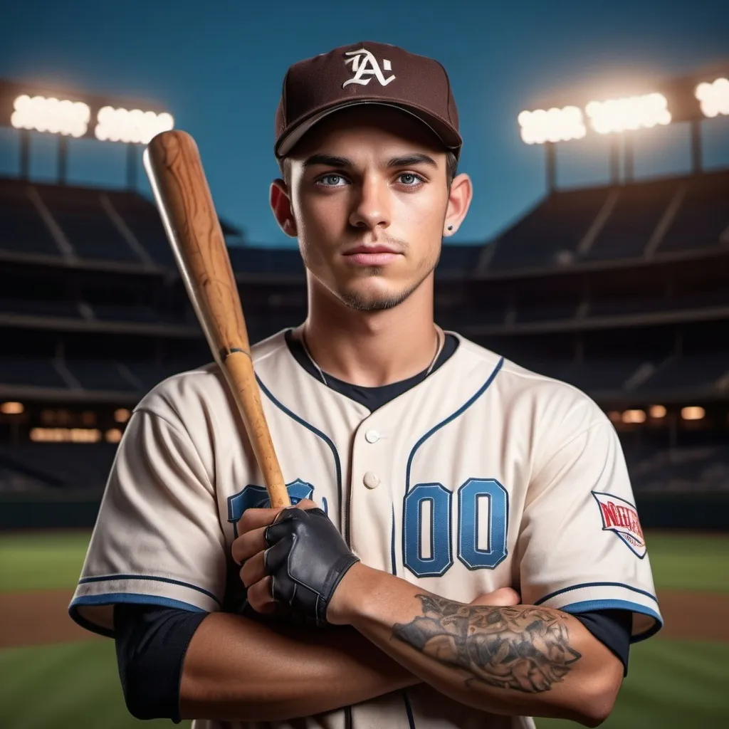 Prompt: a young proffesional baseball play with pretty baby blue eyes, dark brown hair and tan skin. He has a tattoo on his upper right arm