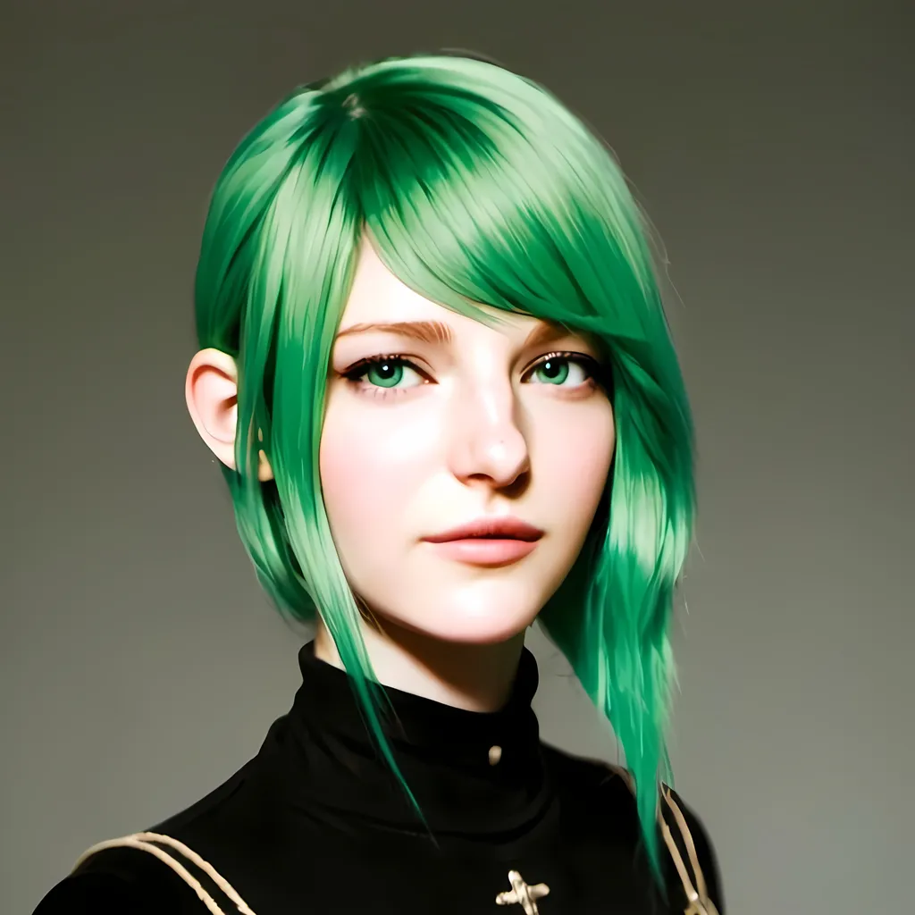 Prompt: A girl with half almost bald and half long green hair, the girl wears a long black boot that is both pants and crop, full body 
