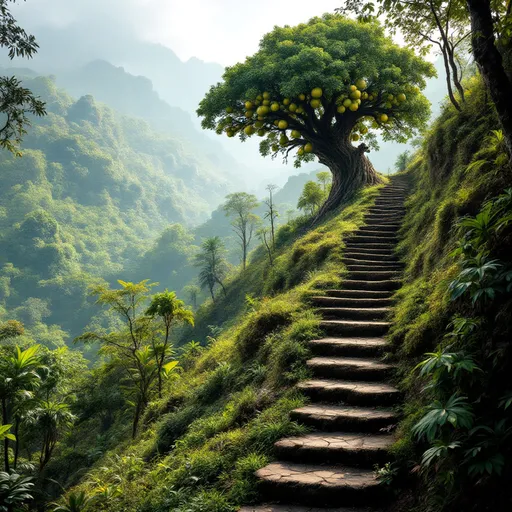 Prompt: a climbing path in a hilly jungle where a jackfruit tree is growing unreachably on the side of a hill