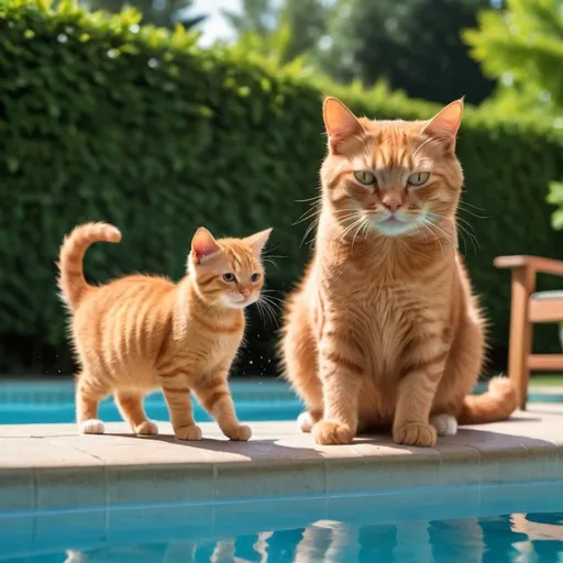 Prompt: On a hot summer day, a chubby ginger orange cat named Whiskers and her playful brown kitten, Muffin, approached the swimming pool in the backyard.
