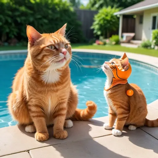 Prompt: On a hot summer day, a chubby ginger orange cat named Whiskers and her playful brown kitten, Muffin, approached the swimming pool in the backyard.
