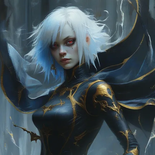 Prompt: In a striking scene, a character with pale blue hair and red eyes is depicted in a dynamic pose, exuding both elegance and mystery. Dressed in a form-fitting outfit that combines elements of darkness and intrigue, she wears a stylish cap adorned with a golden accent, enhancing her formidable presence. Her expression conveys confidence, while she appears to be in the midst of an action, effortlessly wielding a blade, evoking a sense of power and skill. The background radiates a cool, ethereal glow with swirling icy patterns, creating a dramatic contrast against her dark attire and adding depth to the composition. The overall atmosphere is one of tension and allure, drawing the viewer into a world brimming with adventure and enigma.