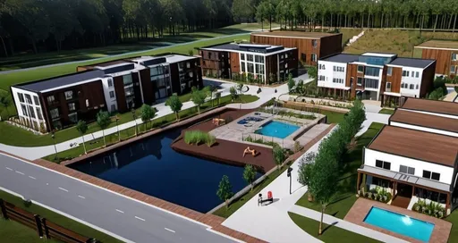 Prompt: a 3d concept model of a realistic modern senior assistant living community layout that includes: a residual hub, health and fitness hub, a work shop/art studio hub, a community square in the middle, pond and a wooded area for camping and park layout. all within a gated area