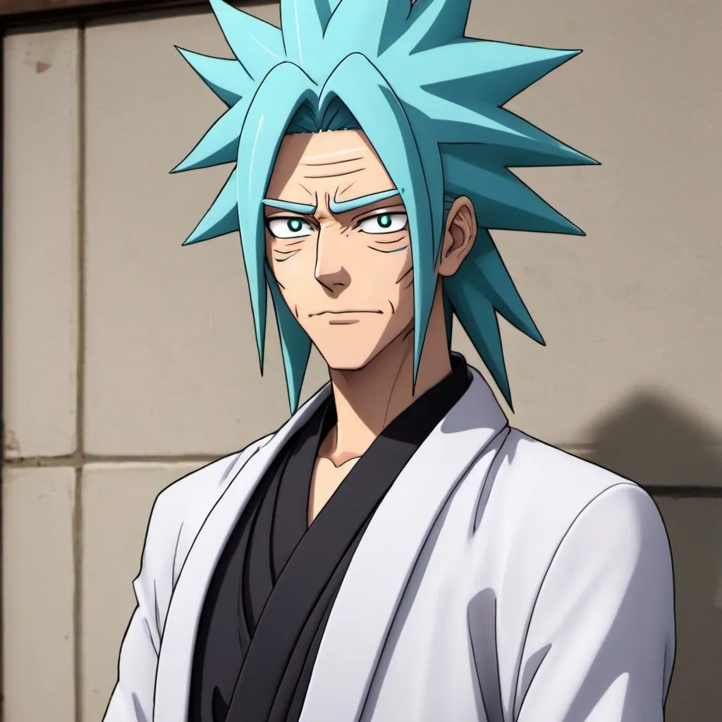 Prompt: Create Rick Sanchez cosplaying as Byakuya Kuchiki