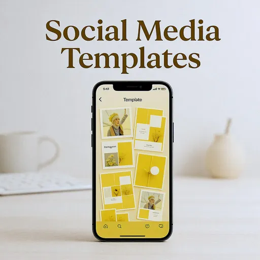 Prompt: "A bold and modern Fiverr gig gallery image showing a realistic iPhone with 5 yellow-themed Instagram templates inside, aesthetic layout, minimal background, text 'Social Media Templates' in bold stylish font, high resolution, perfect for Fiverr thumbnail, clean and professional look."