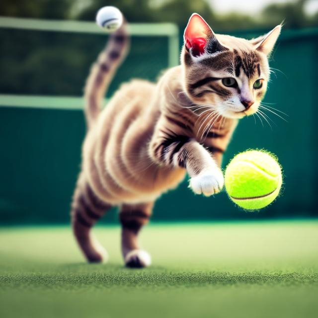 Prompt: Create a realistic photograph of cat playing with a tennis ball