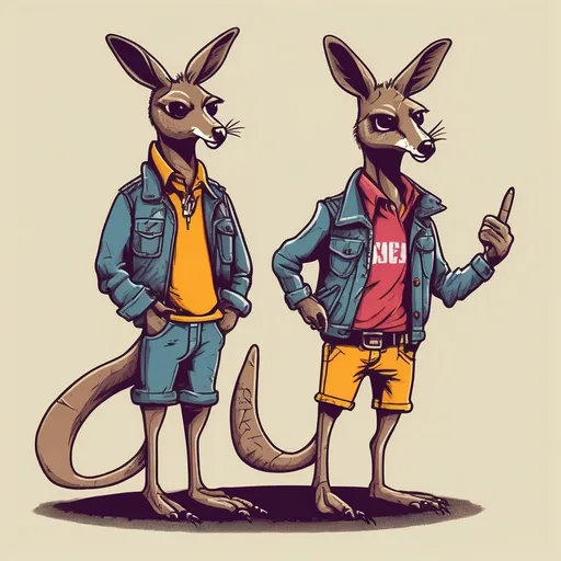 Prompt: A male and female pair of Kangaroos, dressed in a 1980s punk rock attire  doing mundane task , simple basic  colors in cartoon style