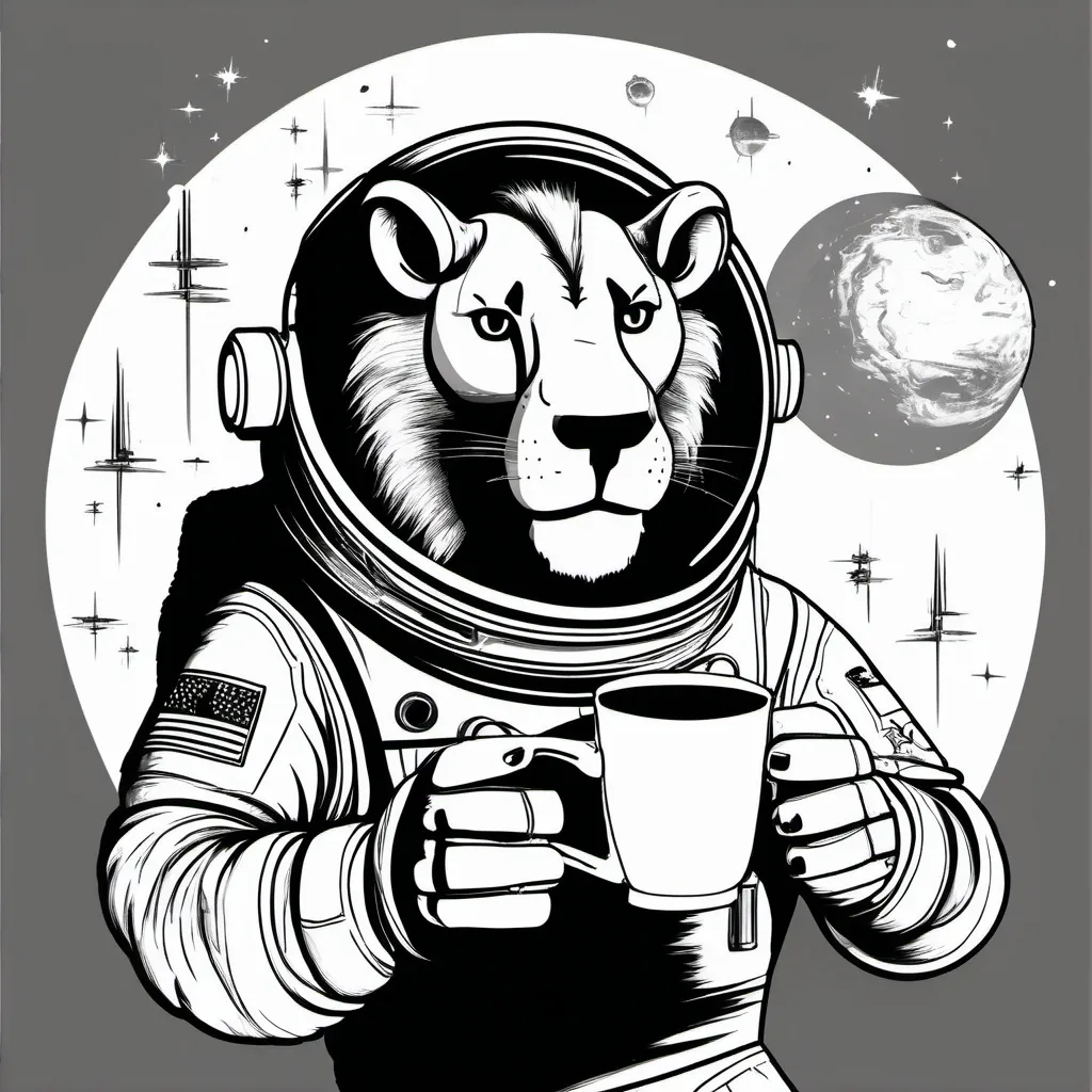 Prompt: A lion astronaut drinking a cup of coffee