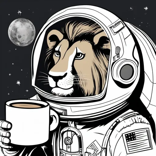 Prompt: A lion astronaut drinking a cup of coffee