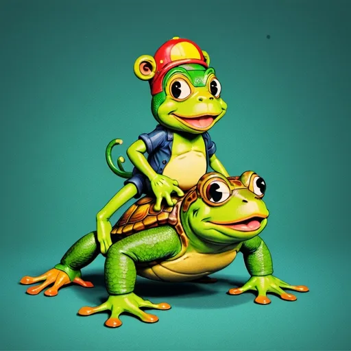 Prompt: Create an image of a frog riding a turtle, the frog is wearing a monkey mask