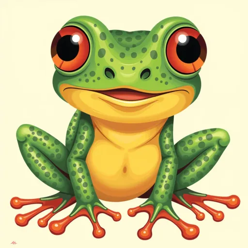 Prompt: Create an image of a frog. It will be used in a logo.  He has a slight smile on his face and happy eyes. 
He has green, yellow, and gold marbled skin with hints of red and pinks. He portrays a funky fun and sarcastic wit, but his seriousness, sophistication and intelligence shine through equally. He loves to dance and dress up, but he loves to just chill and be a frog.