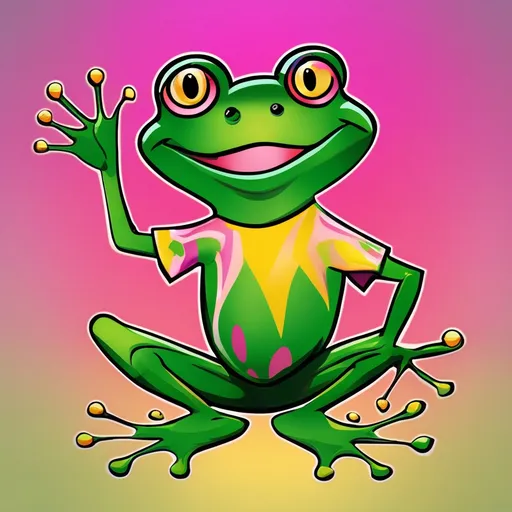 Prompt: Create an image of a frog. It will be used in a logo.  He has a slight smile on his face and happy eyes. 
He has green, yellow, and gold marbled skin with hints of red and pinks. He portrays a funky fun and sarcastic wit, but his seriousness, sophistication and intelligence shine through equally. He loves to dance and dress up, but he loves to just chill and be a frog.