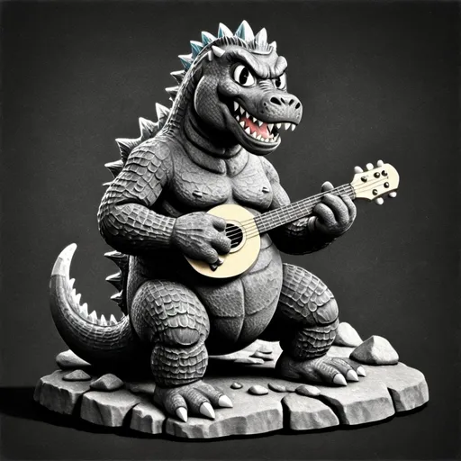 Prompt: Godzilla sitting down on a rock playing the ukulele in black white and gray 1930s style
