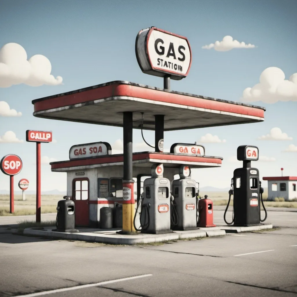 Prompt: An old gas station on a highway in the middle of nowhere, includes signage, black, white and gray