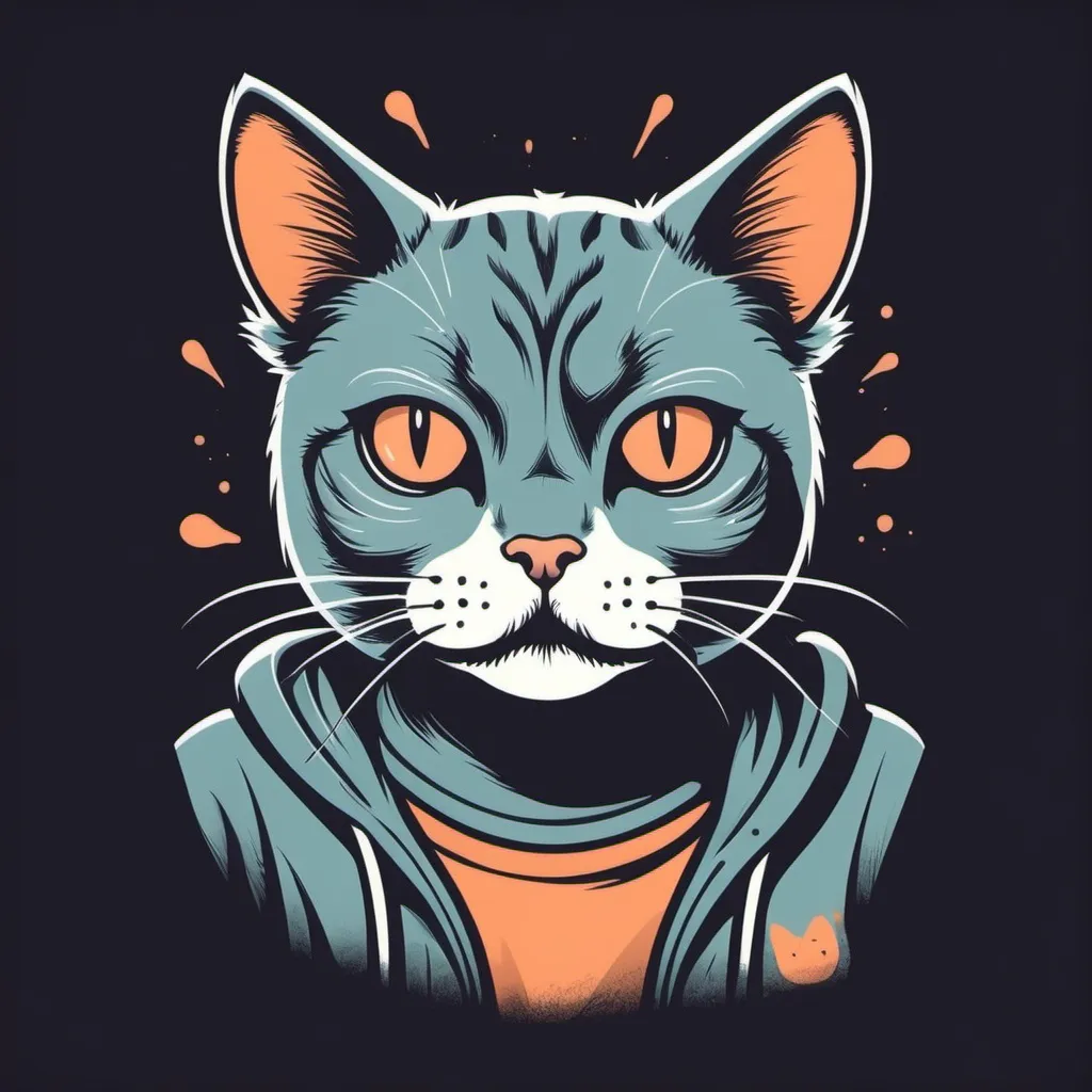 Prompt: Illustrated T-shirt design, features a cat who while trying to look innocent has recently caused havoc , vector, simple color palette