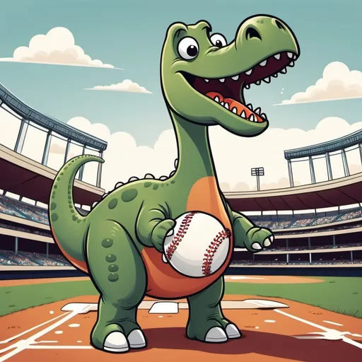 Prompt: a cartoon 
Brontosaurus playing baseball at a  huge stadium
