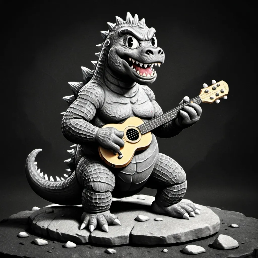 Prompt: Godzilla sitting down on a rock playing the ukulele in black white and gray 1930s style