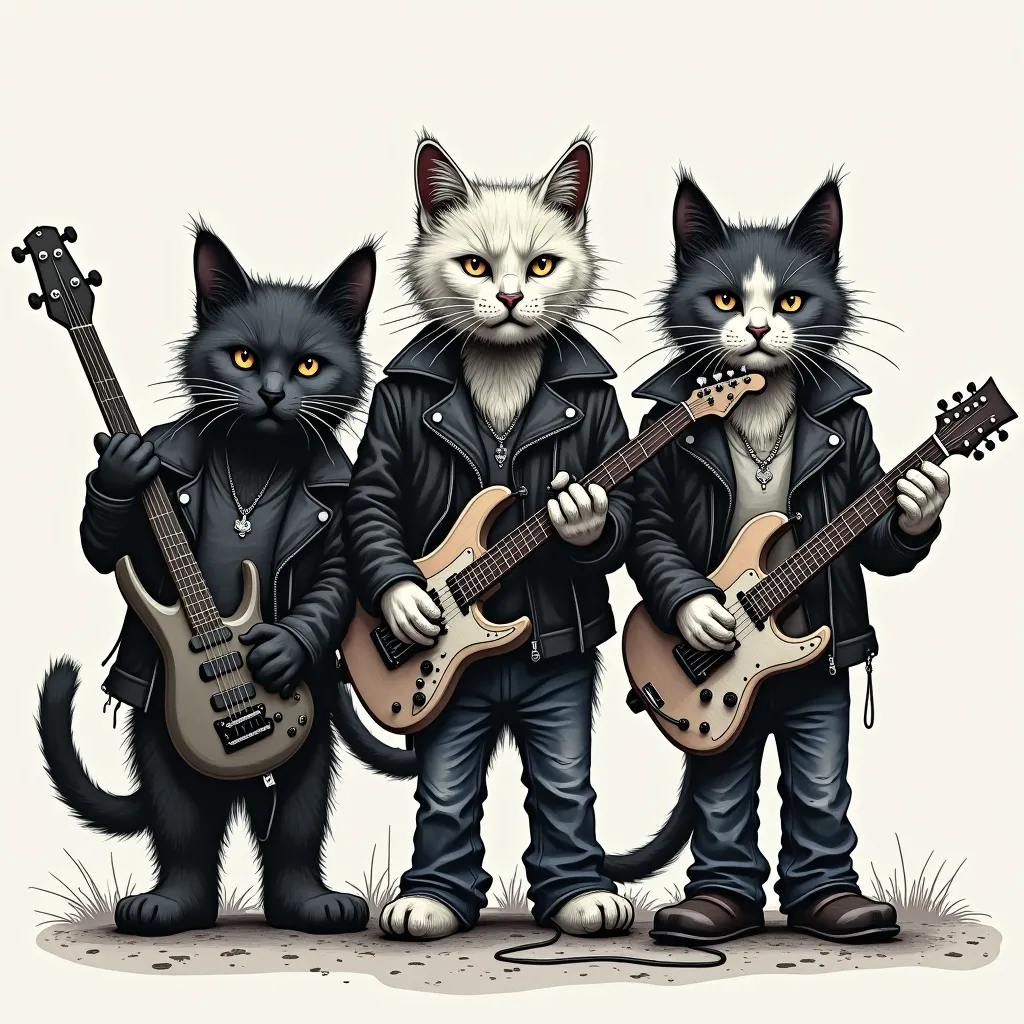 Prompt: 3 grunge 
punk cats in a band. Cats are clad in leather with typical early 80s punk style hand drawn texture, simple black, white and gray and minimalist shapes flat colors.