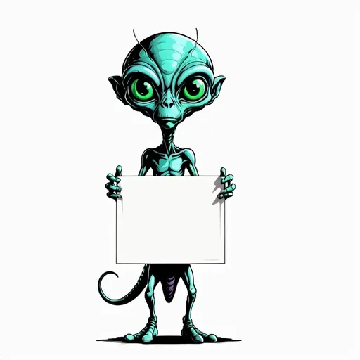 Prompt: Tall skinny alien holding a large blank sign