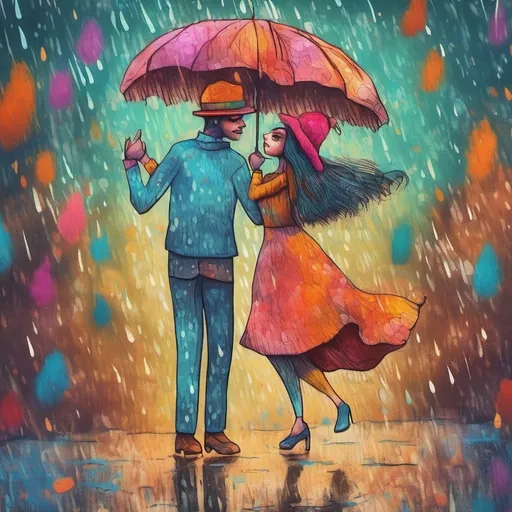 Prompt: a couple dancing in the rain, under an umbrella, whimsical and playful atmosphere, warm and inviting tones, ultra-detailed fur texture, delightful facial expression, colorful and quirky hat design, cozy background with soft lighting, vibrant colors, capturing a sense of joy and charm, perfect for animal lovers, 4K resolution, high-quality image.
