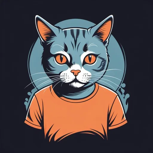 Prompt: Illustrated T-shirt design, features a cat who while trying to look innocent has recently caused havoc , vector, simple color palette