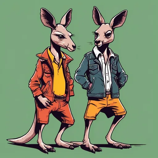 Prompt: A male and female pair of Kangaroos, dressed in a 1980s punk rock attire  doing mundane task , simple basic  colors in cartoon style