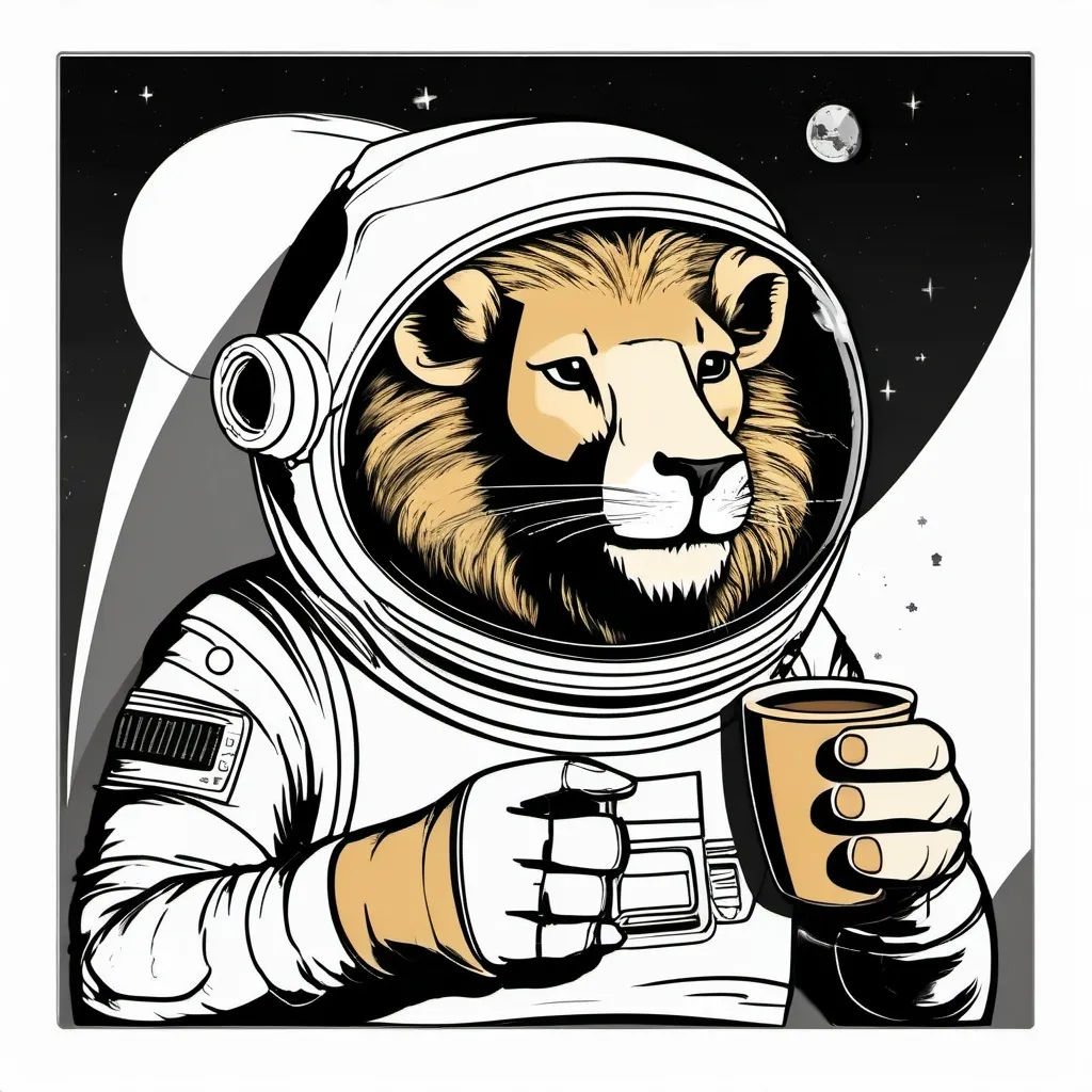 Prompt: A lion astronaut drinking a cup of coffee