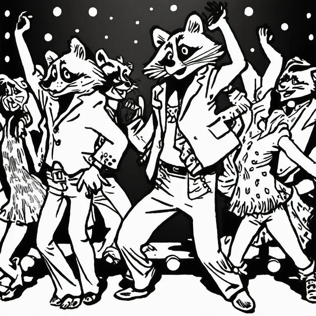 Prompt: Racoon Disco Dancing on stage with backup dancers in 1970s clothes.  Black white and gray