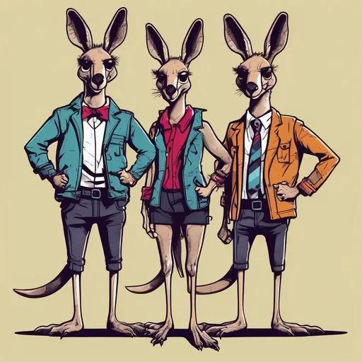 Prompt: A male and female pair of Kangaroos, dressed in a 1980s punk rock attire  doing mundane task , simple basic  colors in cartoon style