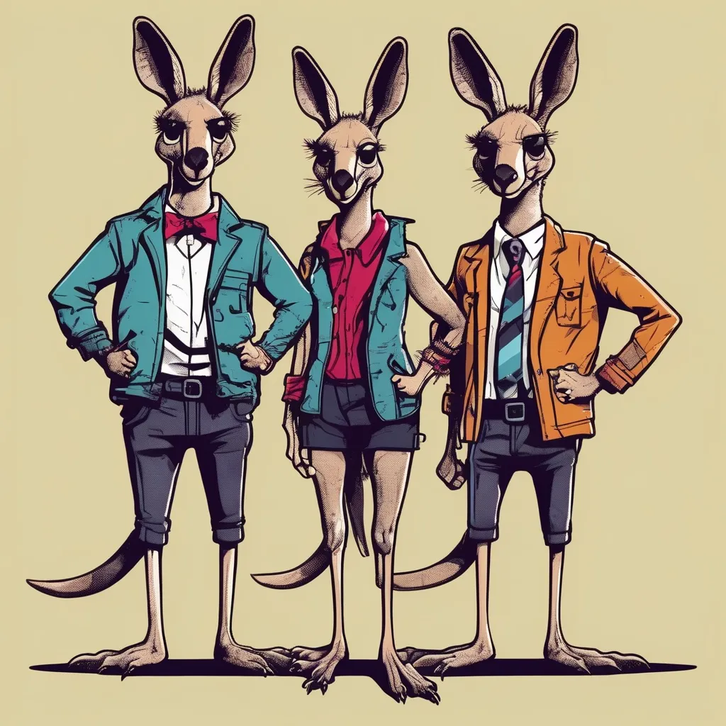 Prompt: A male and female pair of Kangaroos, dressed in a 1980s punk rock attire  doing mundane task , simple basic  colors in cartoon style