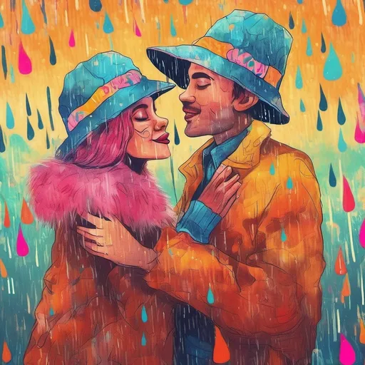 Prompt: a couple dancing in the rain, whimsical and playful atmosphere, warm and inviting tones, ultra-detailed fur texture, delightful facial expression, colorful and quirky hat design, cozy background with soft lighting, vibrant colors, capturing a sense of joy and charm, perfect for animal lovers, 4K resolution, high-quality image.