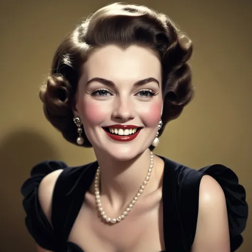 Prompt: a vintage proper glamorous lady with a devious smile on her face