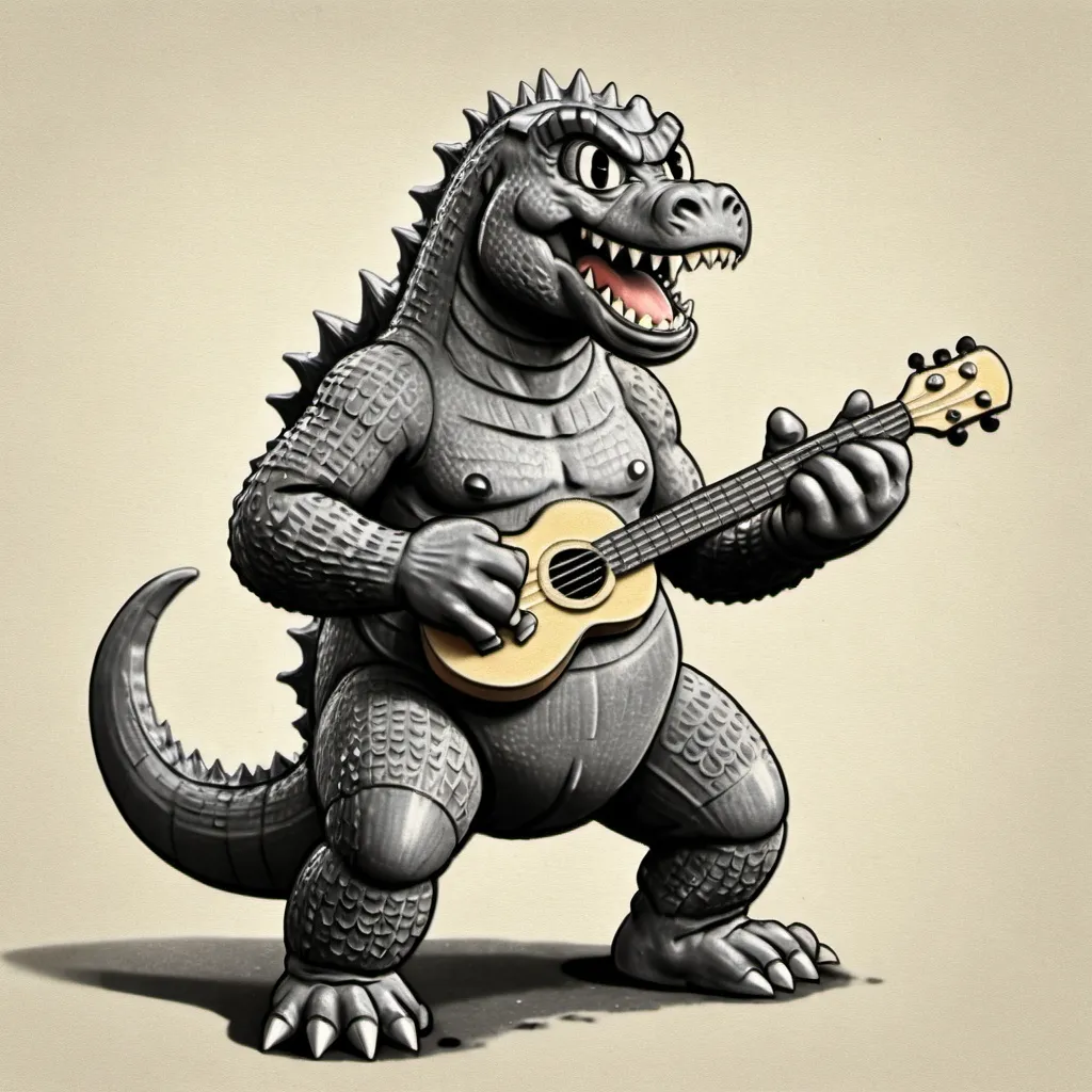 Prompt: Godzilla playing the ukulele in black white and gray 1930s style