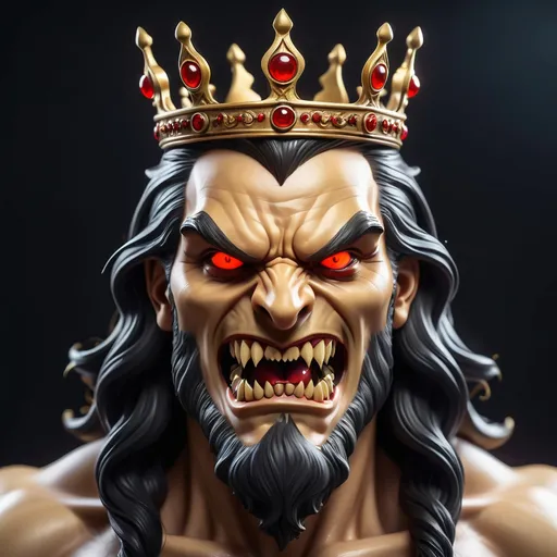 Prompt: A giant with sharp fangs, glowing big red eyes, and an ornate golden crown, long black wavy hair, only the head without body, sharp and long fangs. 
Front view look.