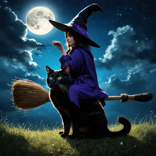 Prompt: Witch ridding a broom . Black cat sitting in frount
 of whitch. Realistic. Moon light sky