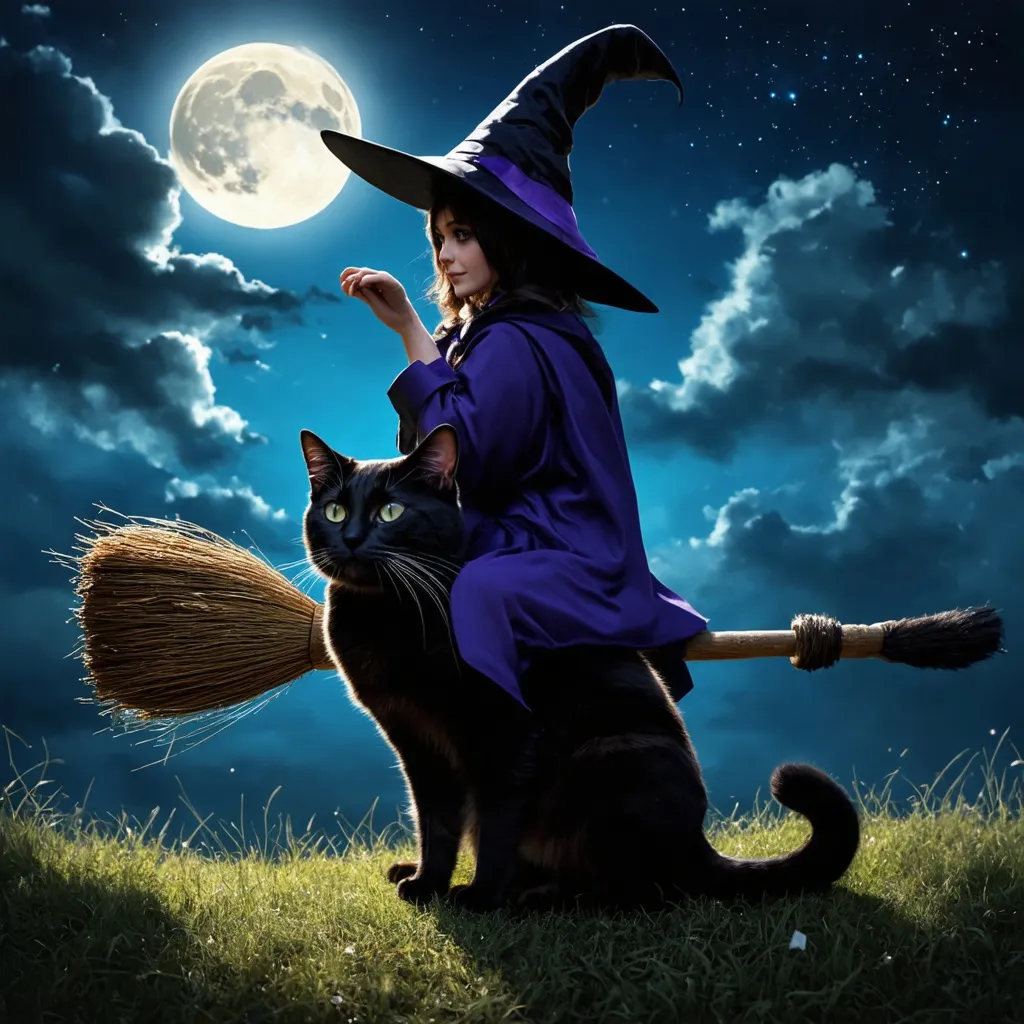 Prompt: Witch ridding a broom . Black cat sitting in frount
 of whitch. Realistic. Moon light sky