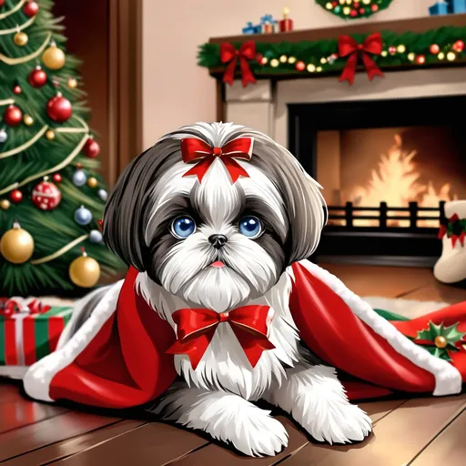 Prompt: Cute black and white Shih-tzu puppy girl with Christmas dress on and ribbon set next to her floppy ear. Color light blue eyes laying in front of a nice cozy fireplace and cozy room. With Christmas tree and decorations on tree and thrugh out room