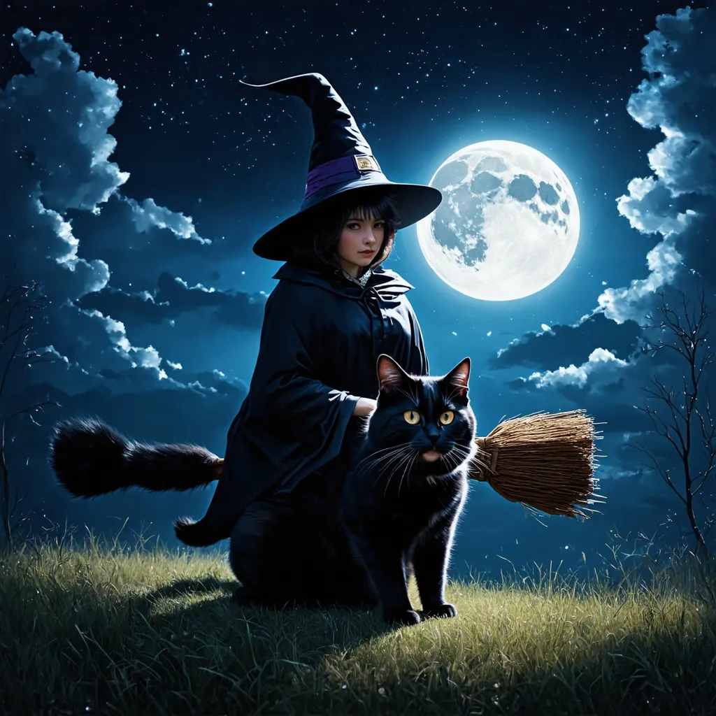 Prompt: Witch ridding a broom . Black cat sitting in frount
 of whitch. Realistic. Moon light sky