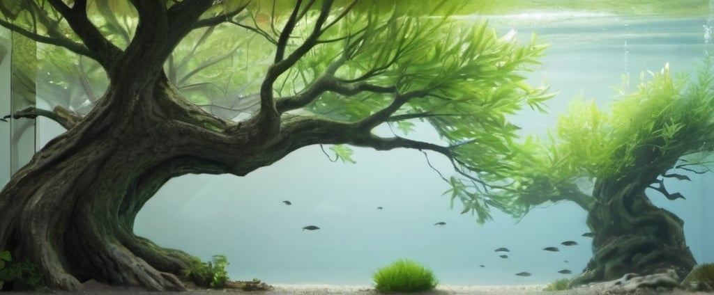 Prompt: Create a natural-style aquascape with a central large, lush tree referred to as the ‘Tree of Life.’ The tree should have a rich variety of colors and a wide canopy, with extensive, intricate roots. Surrounding the tree, use low-growing plants like Japanese hairgrass to cover the ground, creating a meadow-like scene. Ensure the landscape has gentle slopes to give a sense of depth from front to back and left to right. The overall scene should be wide and flat, resembling a vibrant, expansive grassland with the prominent Tree of Life in the center.”