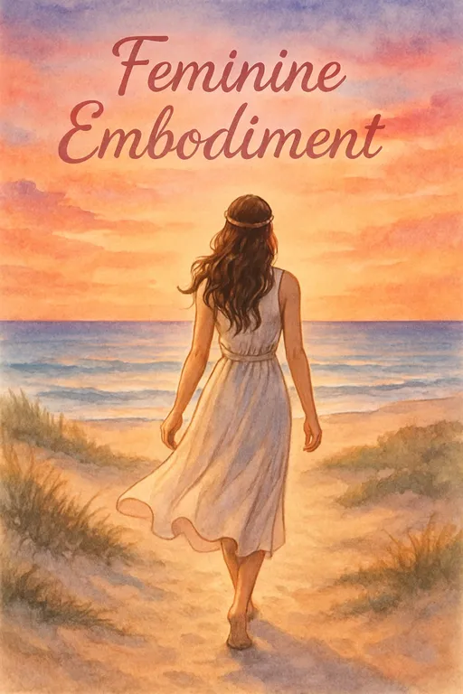 Prompt: Visualize a serene scene where a girl walks gracefully along a soft, sandy path leading to a picturesque beach bathed in the warm hues of sunset. The sky is painted in a breathtaking gradient of oranges, pinks, and purples, reflecting off the gentle waves that lap against the shore. The girl, radiating a sense of peace and confidence, wears a flowing sundress that dances in the soft evening breeze. Her hair cascades in loose waves, catching the sun’s fading light. At the top, the words "Feminine Embodiment" appear in an elegant pink font that flows smoothly, harmonizing with the tranquil atmosphere. The entire setting is captured in a dreamy watercolor illustration style, enhancing the warmth and inviting essence of the moment.