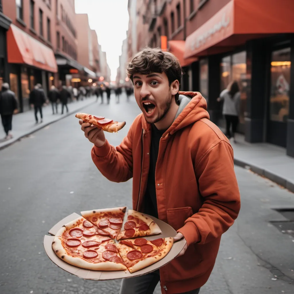 Prompt: Hazme una foto de una persona parada comiendo un pedazo de pizza de pepperoni  que este parado en la calle comiéndose un pedazo