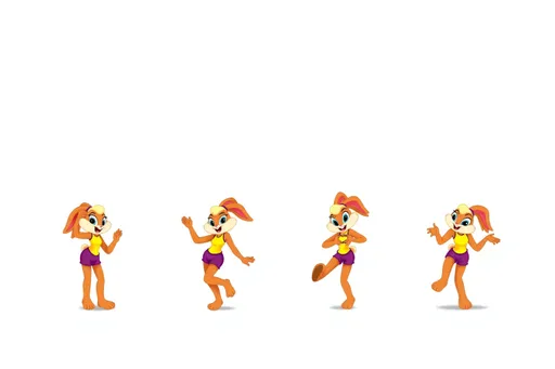 Prompt: cartoon female anthropomorphic Lola Bunny 079b7e05 with light brown fur, large expressive eyes, blonde hair, wearing a yellow top and purple shorts Multiple instances of the same character in different poses on a white background. The character is shown: Dancing: mid-dance move, arms and legs in rhythmic motion, joyful expression. Making a heart shape: hands forming a heart shape in front of the chest, warm smile. Kicking: one leg extended in a kicking motion, arms for balance, determined look. Walking: mid-stride, one foot in front of the other, natural arm swing, casual pose. Background: Clean white background, providing a pristine backdrop. Ample space between poses. Character design consistent across all poses. Arrange poses in a visually pleasing composition across the image.