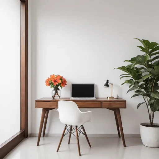 Prompt: a study table with flower pod and white wall