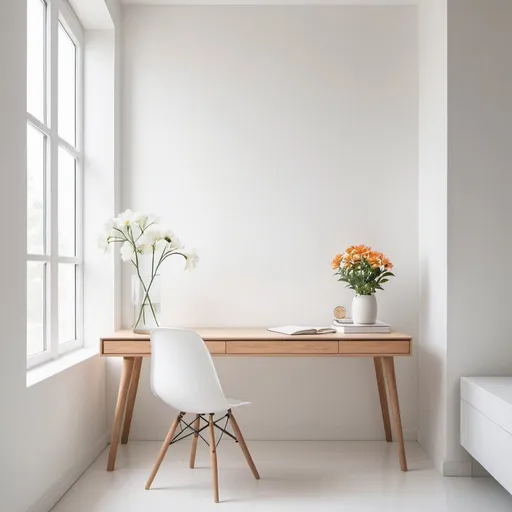 Prompt: Clean, minimalistic study table with a flower pod, white wall, natural lighting, high quality, minimalistic, modern, clean design, simple, fresh, serene, bright lighting
