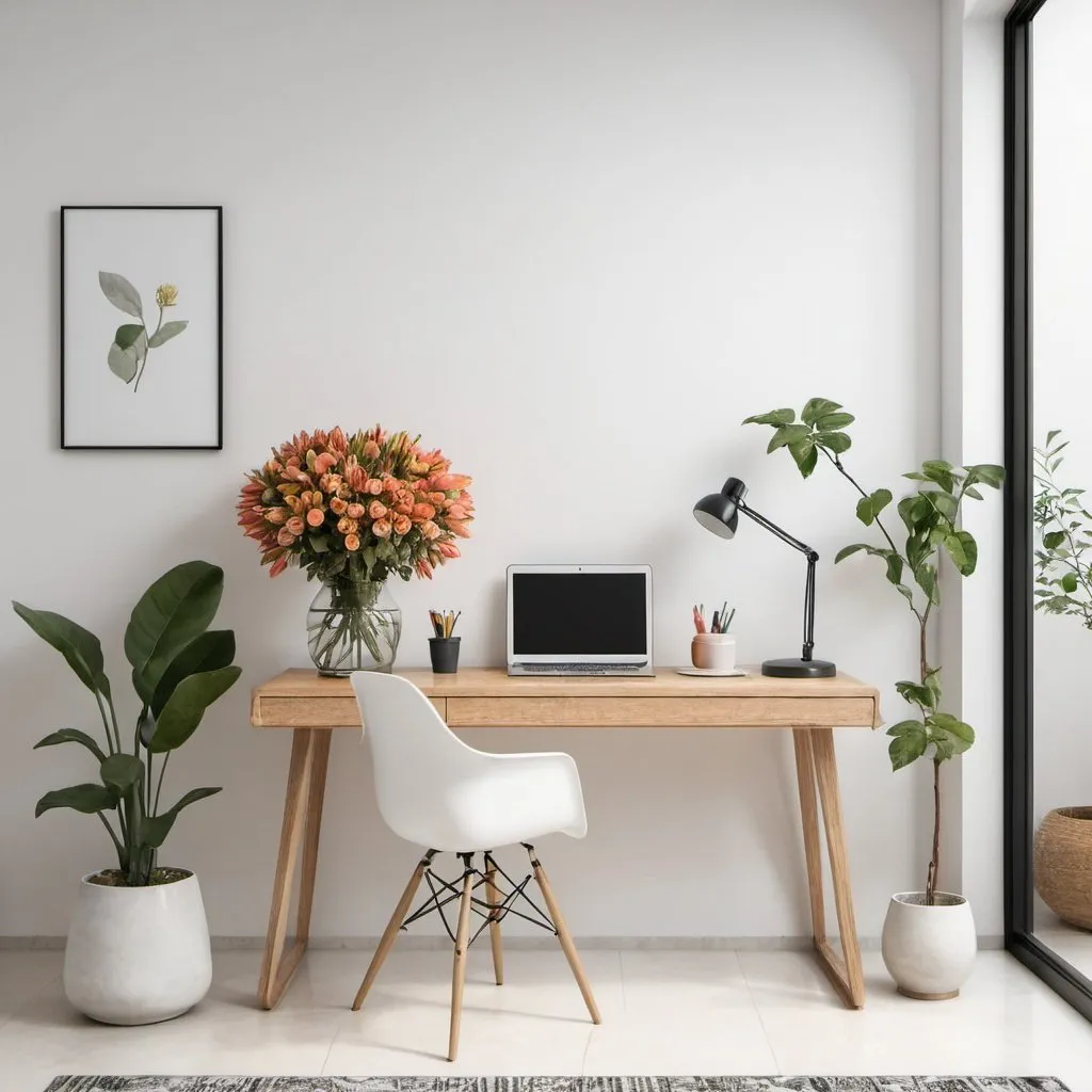 Prompt: a study table with flower pod and white wall