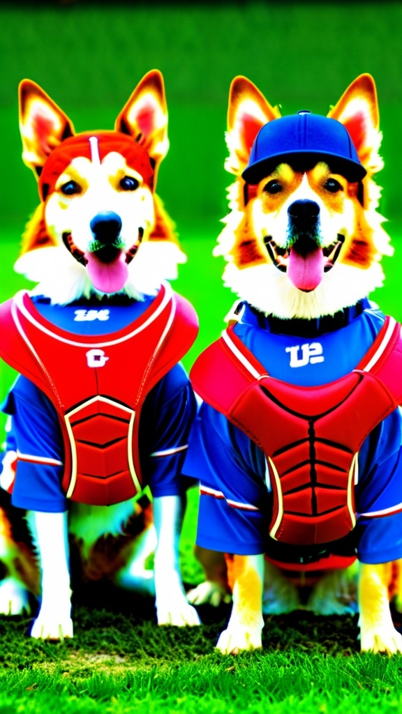 Prompt: Two dogs wearing baseball uniforms one of them is wearing catchers equipment