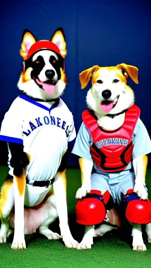 Prompt: Two dogs wearing baseball uniforms one of them is wearing catchers equipment