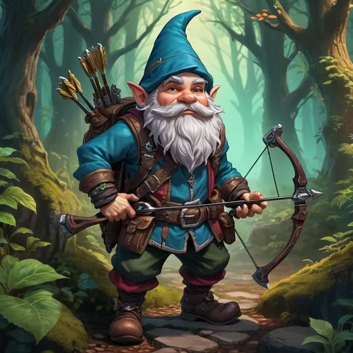 Prompt: (male deep gnome rogue with a crossbow), (RPG fantasy game style), vibrant colors, dynamic action pose, intricate details of outfit and gear, moody ambient lighting, whimsical and adventurous atmosphere, lush enchanted forest background, ultra-detailed design, magical elements, high-definition illustration, emphasizing a thrilling quest or mission.