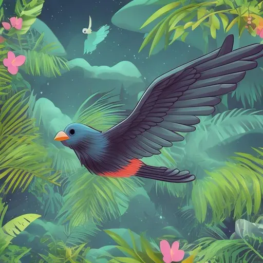 Prompt: A cute bird flies happy in the sky of a jungle dark themed

